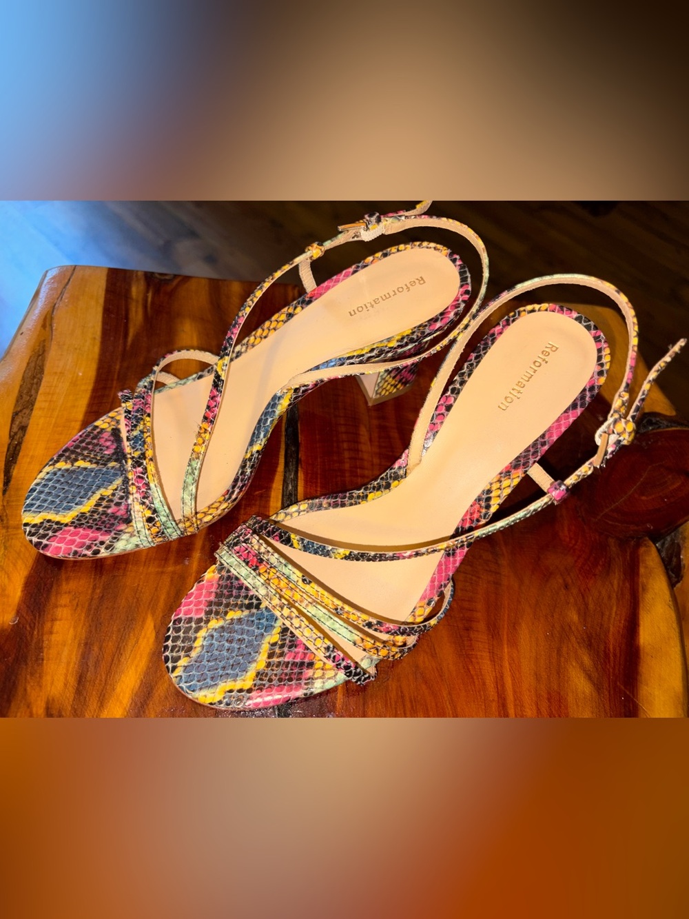Reformation Pia Knotted Heeled Sandal multicolored faux-snakeskin 7